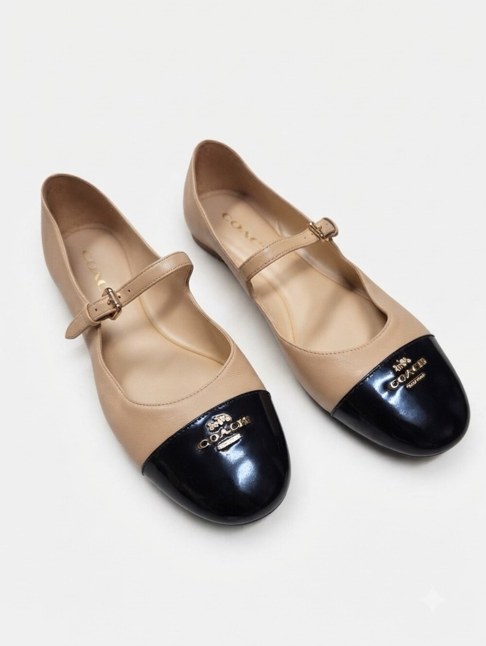 Coach Beige Leather & Black Patent Cap Toe Aubree Mary Jane Flats Size 7.5